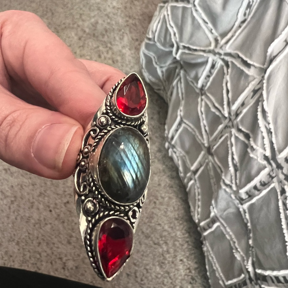 Sterling silver laboradorite and garnet crawler ring
